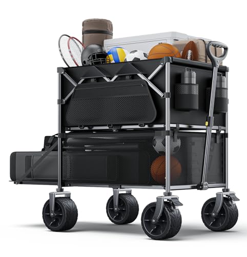 Foldable Wagon Cart,Everyfun 480Lbs Double Decker Wagon,Beach Carts with Big Wheels&Side Pocket&Dustbag,Large Capacity Folding Wagon for Shopping,Garden,Camping,Fish,New Wave Sports Wagon-Black