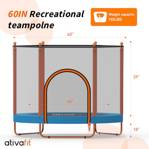 Ativafit 60'' Rebounder Trampoline Indoor Outdoor for Kids Ages 1-8, 5 FT Recreational Toddler Trampoline with Safety Enclosure Net Gifts with Basketball Hoop Dartboard Ocean Ball for Fun