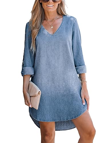 CUPSHE Denim Dress for Women Cotton A-Line Long Sleeve Loose Fitted Distressed Jean Dress Blue X-Small