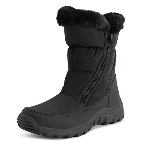 POLAR Womens Memory Foam Twin Zip Opening Pull On Nylon Waterproof Thick Faux Fur Lined Winter Rain Snow Boots - Black Beige Fur - EU36/US5 - YC0662