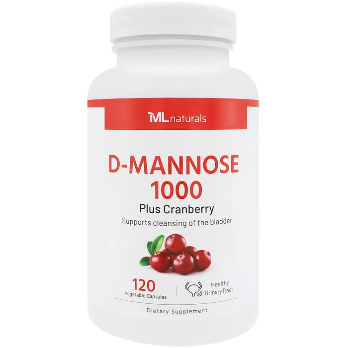 ML Naturals D-Mannose 1000 mg, Cranberry 2500 mg/serving, 120 Vegetable Capsule. Healthy urinary system, All-Natural, and Non-GMO.