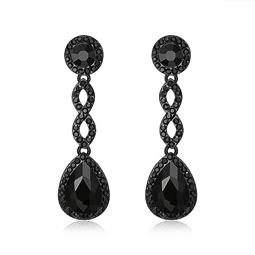 EleQueen Women's Wedding Bridal Black-Tone Black Sparkle Rhinestone Crystal 8-Shaped Teardrop Pierced Dangle Earrings