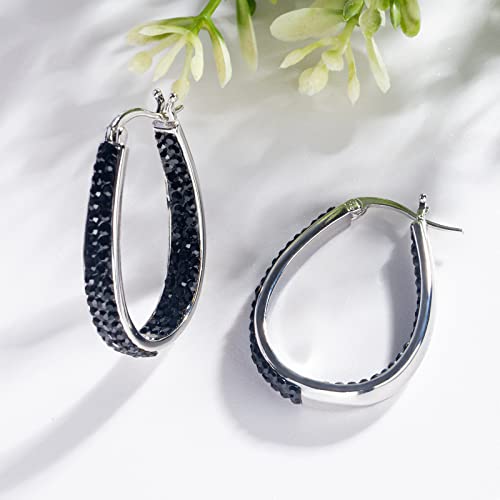Crystal Hoop Earrings - Silver Plated Inside Out Oval Shape Hoop Earrings for Women, 1.2 Inch (Purple)