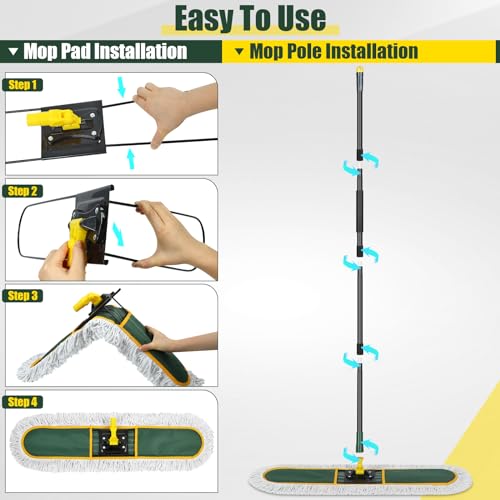 36" Commercial Dust Mop for Floor Cleaning with 2 Replacement Mop Pads, Heavy Duty Industrial Large Floor Wet Dry Mop for Cleaning Office Garage Hardwood Warehouse Factory Mall