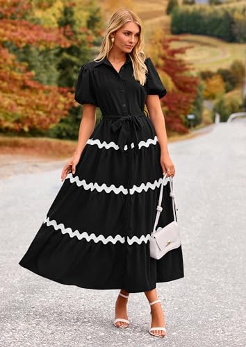 PRETTYGARDEN Women's Summer Maxi Dress Button Down Puff Short Sleeve Ruffle Casual Elegant Long Flowy Shirt Dresses with Belt (Black,Small)