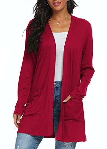 QIXING Women's Casual Lightweight Cardigan Long Sleeve Soft Draped Ruffles Open Front Cardigan Purple Red-M