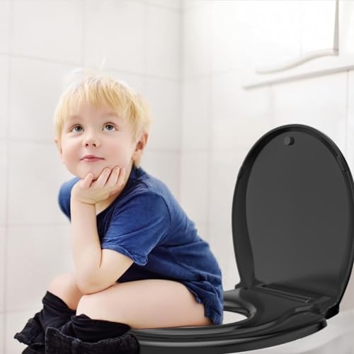 JINGZE Round Toddler Toilet Seat Adult/Child,Built-In Potty Training Seat, Soft Quiet Close Non-Slip Seat,Magnetic Kids Seat and Cover,Black