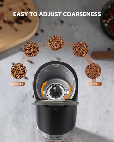 Sangcon Gravity Electric Salt and Pepper Grinder with Dust Cover, Battery Operated(4 AAA), Large Capacity, Adjustable Coarseness, One Hand Automatic Salt Pepper Shaker Mill with LED Light