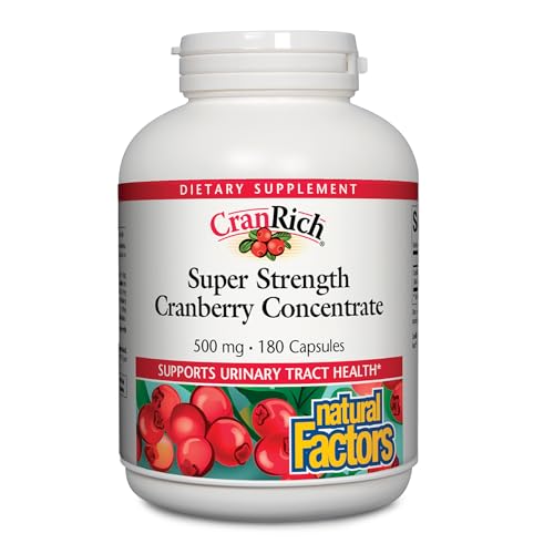 Natural Factors, CranRich, Super Strength 36:1 Cranberry Concentrate, 500 mg, Sugar-Free Whole Fruit Cranberry Pills for Urinary Tract Health, 180 Count (Pack of 1)