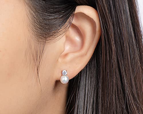 DENGGUANG Pearl Stud Earrings June Birthstone Freshwater Cultured 6.5mm Small White Pearl Drop Silver Earrings with Cubic Zirconia Jewelry Gifts for Women