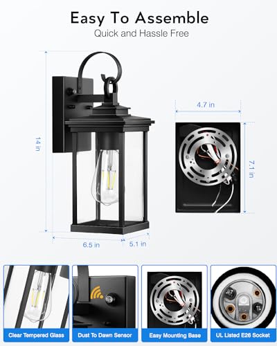 VIANIS Dusk to Dawn Outdoor Wall Lantern, Black Exterior Light Fixtures, Porch Light Wall Mount Lamps Outside Wall Lights for House, Garage Lights Outdoor Wall Sconce Lanterns with Water Ripple Glass