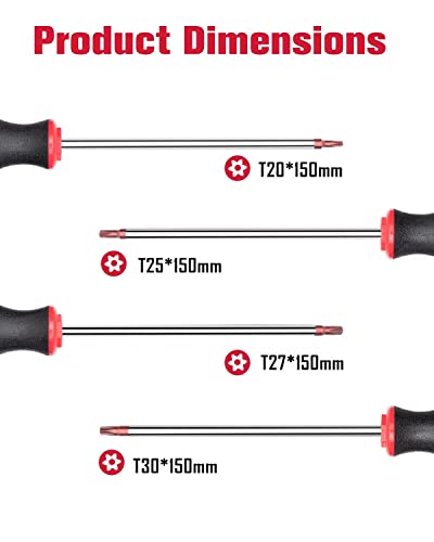 ROTATION 4PCS Magnetic Tip Torx Screwdriver Set, 4 Torx Star Screwdrivers, T20, T25, T27, T30, Red Tip | Red, Gloss, S2 Steel