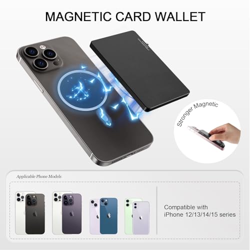 Magnetic Wallet for Magsafe Wallet,Ultra-thin Metal Card Holder Phone Wallet Compatible with iPhone 15/14/13/12 Series,Minimalist Slim Pop Up Wallet for Magsafe Phone Wallet,RFID Blocking (Black)