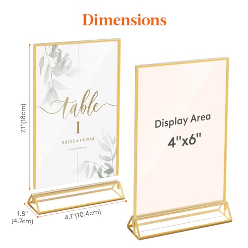 Lifewit 6 Pack 4x6 Acrylic Sign Holder with Gold Borders, Clear Vertical Double-sided Stand, Plastic Menu Holders, Table Number Holders Picture Frames for Wedding, Party, Restaurant decor