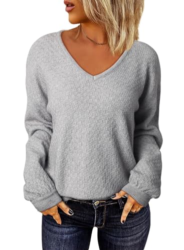 EVALESS Womens Fashion Waffle Knit Sweaters Casual V Neck Long Sleeve Sweater Tops Fall 2024 Outfits Loose Jumper Pullover Plus Size Clothes Apricot Small