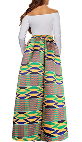 Afibi Women African Printed Casual Maxi Skirt Flared Skirt A Line Long Skirts with Pockets (Medium, Pattern 12)