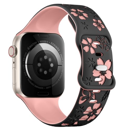 CreateGreat Floral Engraved Band Compatible with Apple Watch Band 40mm 41mm 38mm, Two-Tone Soft Silicone Cute Flower Sport Strap for iWatch Bands Women Series 9 8 7 6 5 4 3 2 SE,Ultra/2-BK/PK