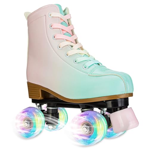 YYW Roller Skates for Girl Women Quad Roller Derby Skates High Top Double Row Light Up Roller Skates PU Skates Shoes for Kid Beginner Indoor Outdoor (32), Green pink flashing wheel