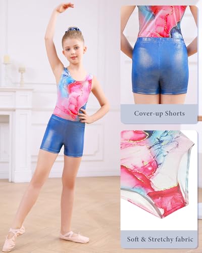 TUONROAD 3 Piece Gymnastics Biketards for Girls Size 8 Girls Sparkly Cute Cat Graphic Athletic Outfits with Cover-up Shorts for Age 9 Child Quick Dry Drift Tumbling Clothes,8 9 Years