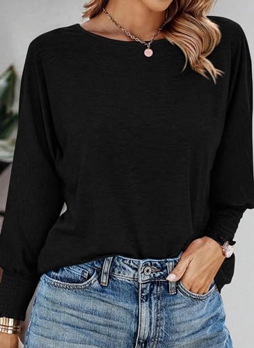 PRETTYGARDEN Women's 2024 Fall Fashion T Shirts Puff Long Sleeve Crewneck Casual Basic Tee Tops Blouses (Black,Small)