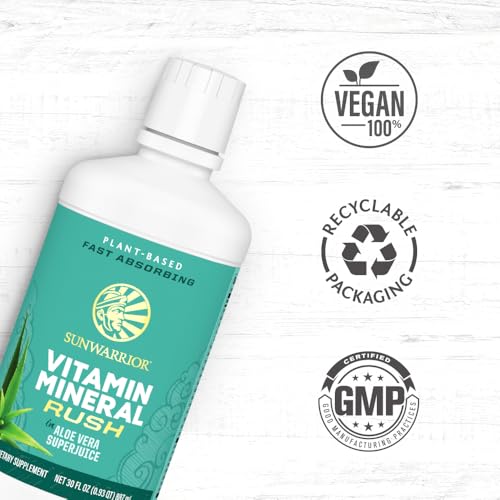 Sunwarrior Liquid Multivitamin Supplements & Minerals with Aloe Vera for Men and Women | Energy & Immune Support Gluten Free Sugar Free Dairy Free Vegan Raw Plant Based | Vitamin Mineral Rush 30 Fl Oz