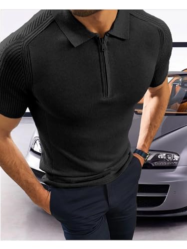 Comdecevis Men's Knit Polo Shirts Short Sleeve Quarter-Zip Casual Classic Fit Golf Pullover Small Black