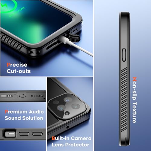 SUPFINE Magnetic for iPhone 12 Waterproof Case,[Built-in Screen Protector][IP68 Underwater][15FT Military Dropproof][Compatible with MagSafe] Full Body Heavy Duty Shockproof Phone Case-Black/Clear