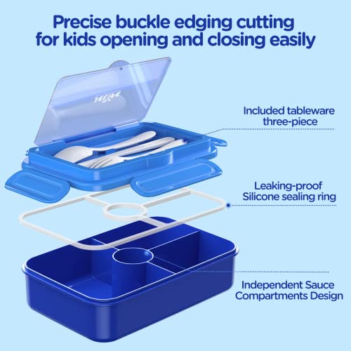 Jelife Bento Lunch Box for Kids - Leakproof Large Bento-Style with 4 Compartments Portions Lunchbox with Tableware Back to School, Reusable On-the-Go Meal and Snack Packing, Blue