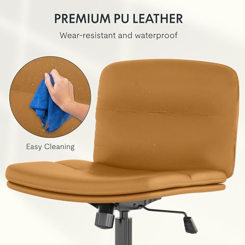 FLEXISPOT Cross Legged Office Chair for Vanity Desk Criss Cross Chair with Wheels Armless Office Chair Vanity Chair Comfy Wide Seat Cushion PU Leather(Brown)