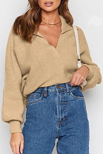 CHYRII Women Casual Overized Puff Long Sleeve V Neck Knitted Polo Pullover Sweater Jumper Tops Lavender M