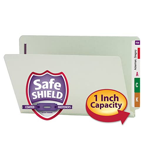 Smead End Tab Pressboard Fastener File Folder with SafeSHIELD Fasteners, 2 Fasteners, 1" Expansion, Legal Size, Gray/Green, 25 per Box (37705)