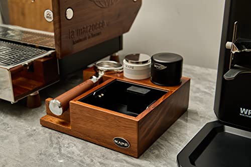 IKAPE V3 Espresso Knock Box, 54MM Espresso Coffee Organizer Box Fit for Storage 51 to 54MM Espresso Tamper and Distributor, Pure Natural Walnut Base with Special Portafilter Basket Station(4 In 1)