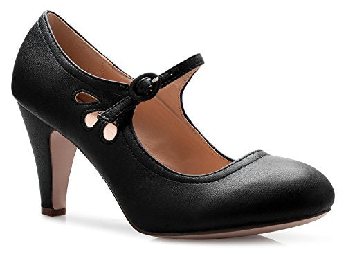 OLIVIA K Women Kitten Heels Mary Jane Pumps - Adorable Vintage Shoes- Unique Round Toe Design With An Adjustable Strap,7 B(M) US,Black
