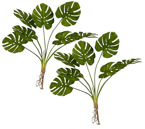 Mythlty 2 Artificial Tropical Monstera Plants Real Touch for Pot or in Vases Fake Plant with Stems and Roots Faux Greenery Wall Decor for Indoor Outdoor Home Office (Monstera)