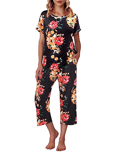 Ekouaer Women's Capri Pajama Sets Floral Print Short Sleeve Sleepwear Top and Capri Pants 2 Piece Loungewear with Pockets Navy Blue S