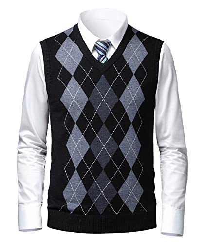 Herothorn Mens Argyle Sweater Vests Classic V-Neck Sleeveless Pullover Grey Black Knitwear Nice Tank Tops for Dad Husband