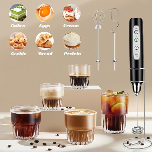 ODIFORGOO Rechargeable Milk Frother Handheld with Stand, Electric Foam Maker Coffee Frother Wand, Detachable With 3 Stainless Whisks, Drink Mixer for Lattes, Cappuccino, Matcha, Egg, Black