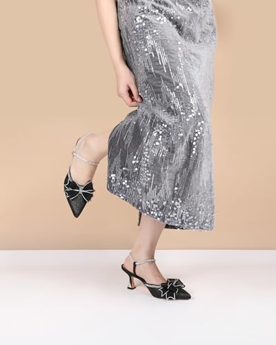 AUMOTED Rhinestone Heels for Women Kitten Heel Sandals Pointed Toe Slip On Heeled Mule with Bow Sparkly Satin Dress Mesh 2.5 Inch Summer Heels Black US Size 8.5