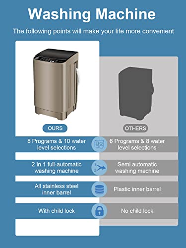 KRIB BLING Full-Automatic Washing Machine 17.7 lbs Small Compact Portable 10 Wash Program & 8 Water Level Compact Washer with LED Display Ideal for Apartments, RV, Camping, Gold (KB03-GOLD6)