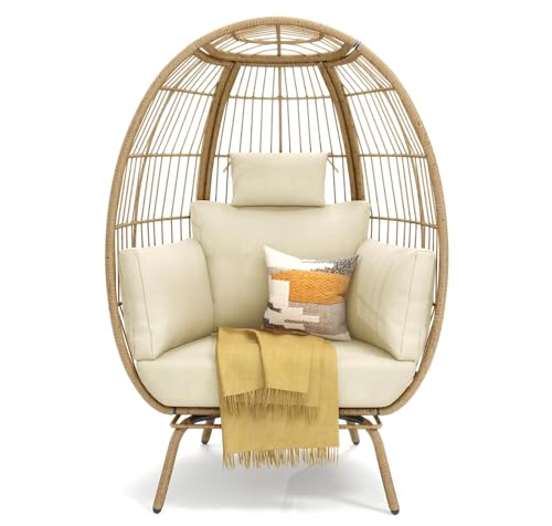 YITAHOME Outdoor Egg Chair, 370lbs Capacity Wicker Patio Basket Chair, All-Weather Oversized Stationary Egg Lounger Chair for Indoor Living Room Outside Balcony Backyard (Beige)