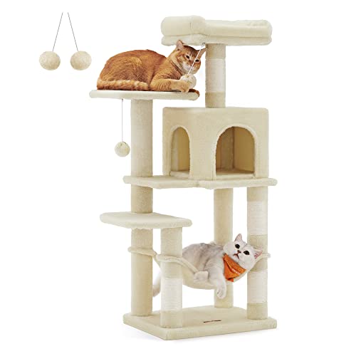 Feandrea Cat Tree, 44.1-Inch Cat Tower for Indoor Cats, Multi-Level Cat Condo with 4 Scratching Posts, 2 Perches, Hammock, Cave, Beige UPCT261M01