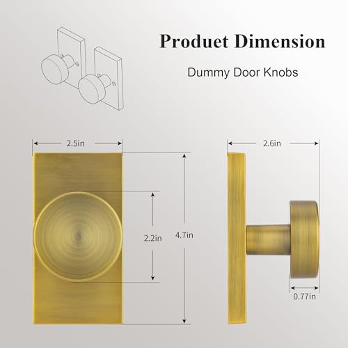 ToPToToo Dummy Door Knobs Interior, Antique Brass Door Knobs for Closet, Single-Side Dummy Door Handle, Inactive Door Knobs 2 Pack