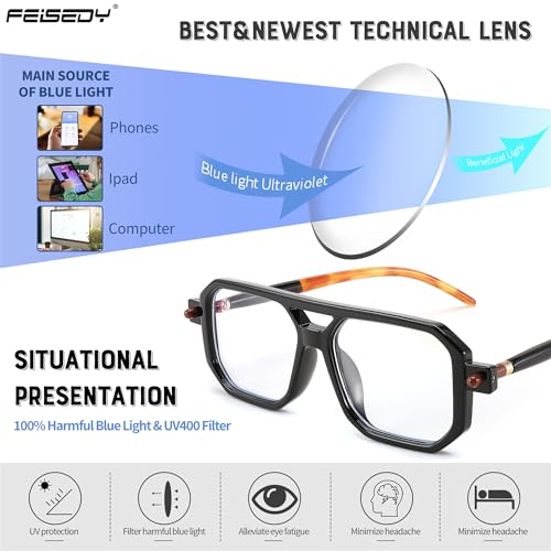 FEISEDY Reading Glasses Vintage Square Blue Light Blocking Glasses Women Men 70s Flat Aviator Glasses B0090 Black 1.0x