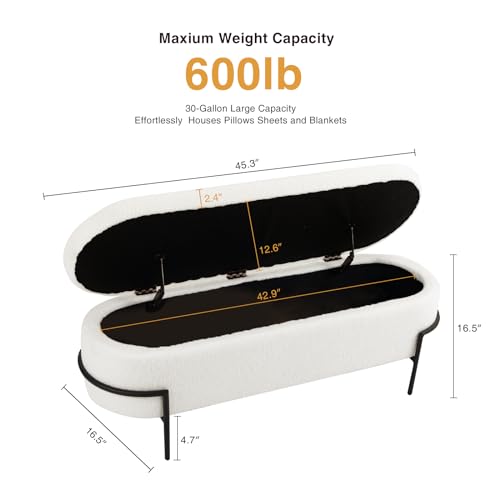 Beige Storage Ottoman Bench with Metal Stand, Upholstered Sherpa Stool with Large Storage Space, Modern Storage Bench for Living Room/Bedroom/End of Bed/Entryway/Bed Side, 52''L