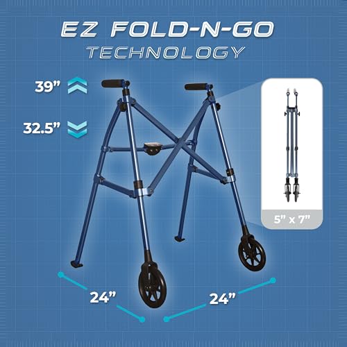Stander Space Saver Walker, Lightweight Folding Rolling Mobility Aid for Seniors & Adults, Compact 2-Wheel Disability Device with 6-inch Wheels & Ski Glides for Walking Support, Cobalt Blue