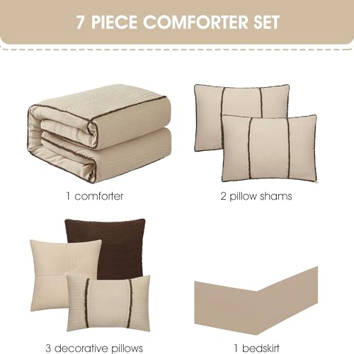 Stratford Park 7 Piece Beige Comforter Set, Queen Size Corduroy Peicework Bedding, All Season Bedding Set, Bed Skirt, Pillows & Shams