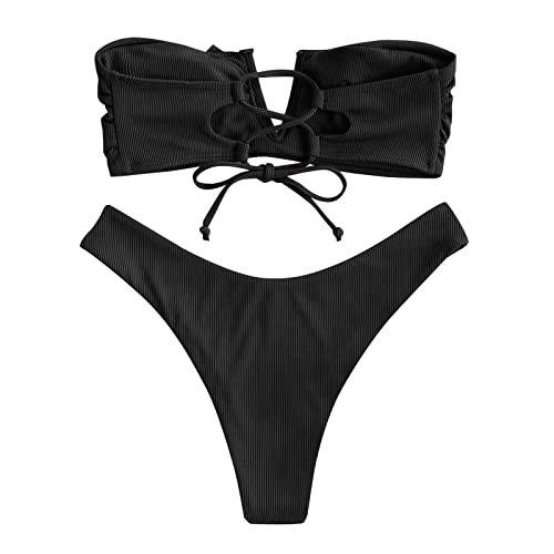 ZAFUL Women's Strapless Wave Textured U Meta Lace Up Tie High Leg Bandeau Two Piece Swimwear(11-Deep Coffee,L)
