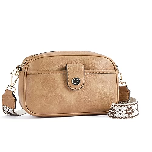 BOSTANTEN Crossbody Bags for Women Trendy Vegan Leather Purses Top Handle Shoulder Handbags with Wide Strap Beige with Brown