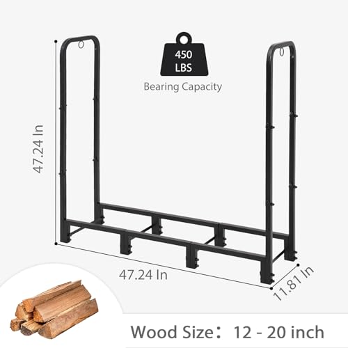 NEOCOZY 4FT Firewood Rack Outdoor with Cover, Heavy Duty Wood Holder with Log Carrier, Adjustable & Waterproof Log Holder Wood Storage Stand for Fireplace Patio Outdoor, Black