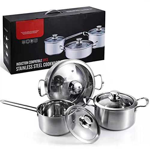 Aufranc Stainless Steel pots and pans set, 6 Piece Nonstick Kitchen Induction Cookware Set,Works with Induction/Electric and Gas Cooktops, Nonstick, Dishwasher